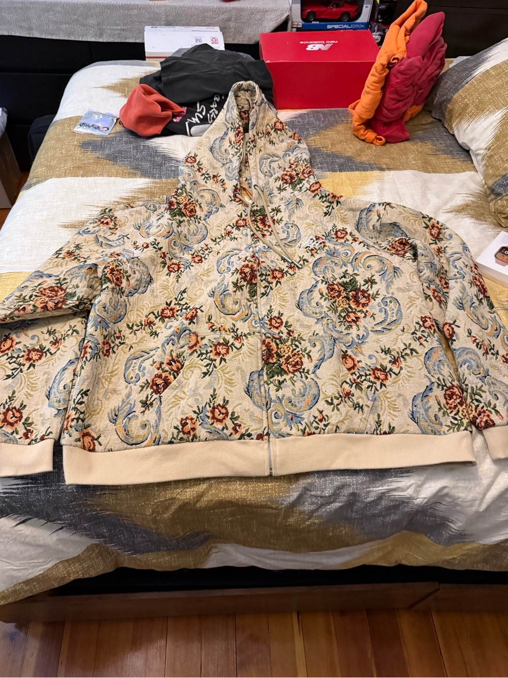 Y.I.D Quilted Floral Zip Hoodie - Cream with Blue & Rust Accents Size 2X
